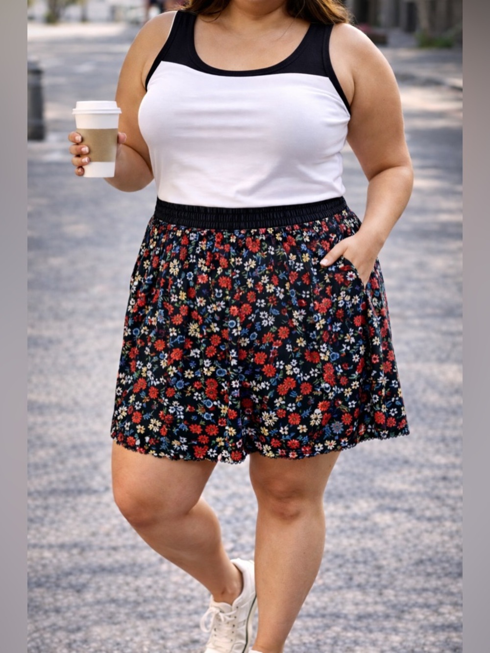 49 Triste Black Floral Skirt 2X Red Ditsy Print Elastic Waist Casual Boho